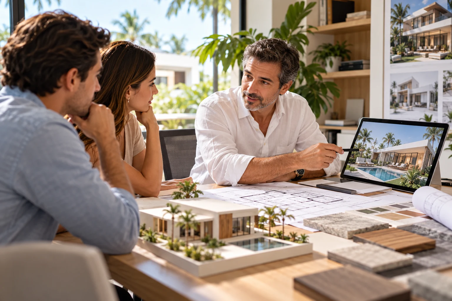 Escena de una consulta arquitectónica con planos, maqueta y visualización de una vivienda.