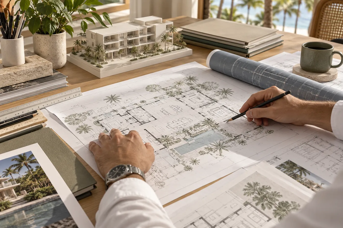 Architectural plans and scale model